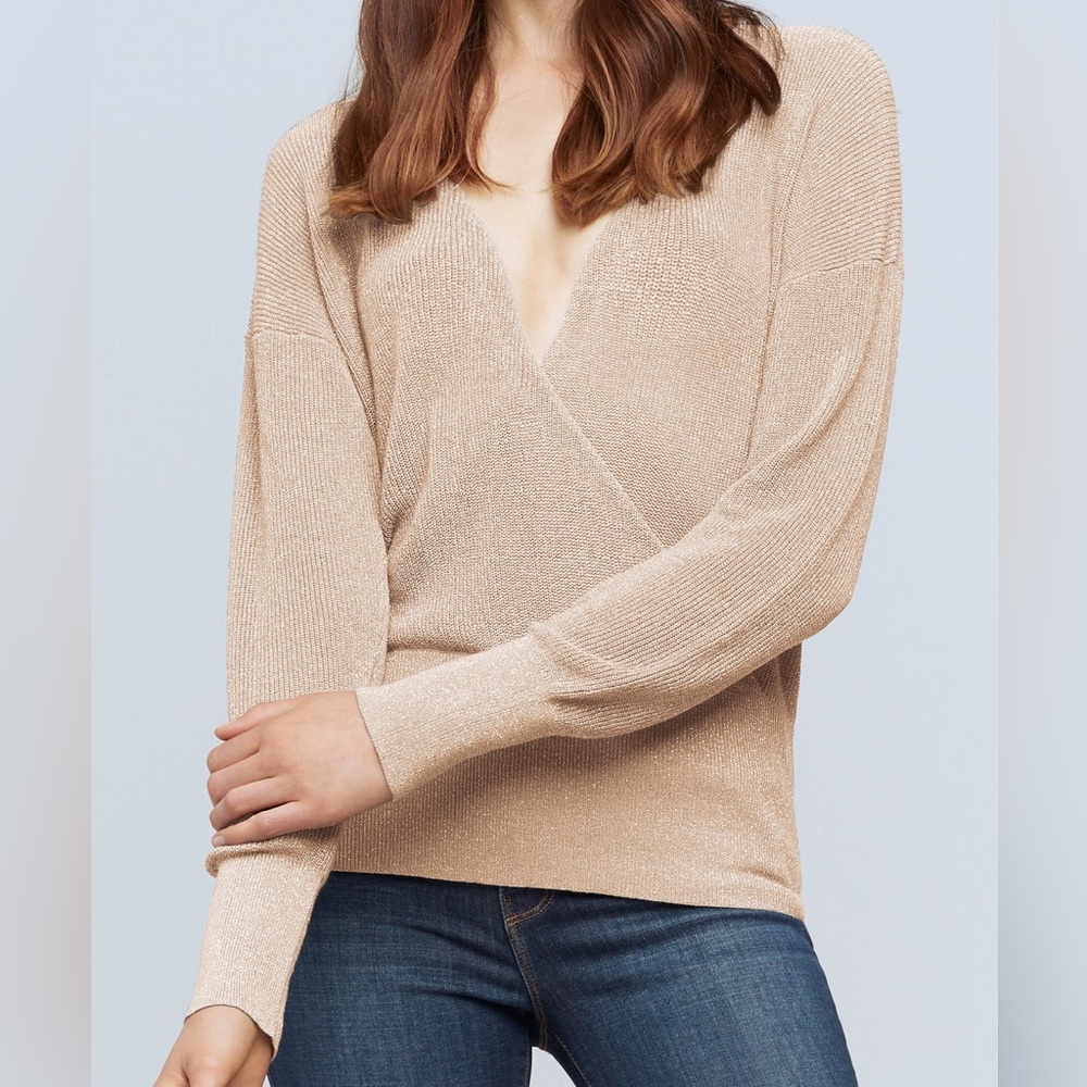 L’Agence Blair Crossover Pullover V-Neck Tan Metallic Gold Sweater NWT Size S